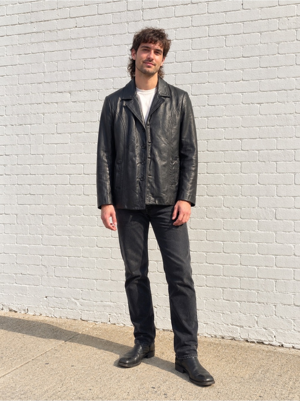 Vintage Black Leather Blazer Jacket Winter Coat Lined Mens size small 90s Y2K